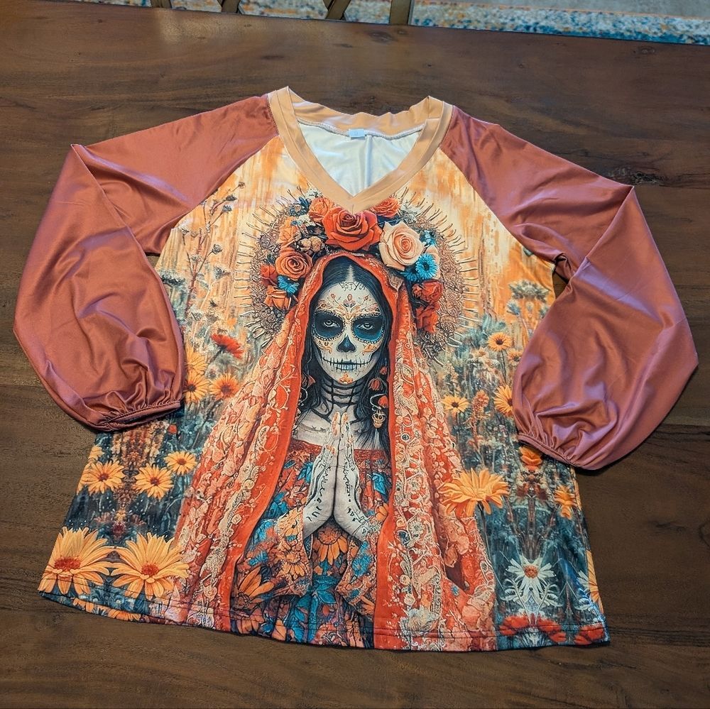 Day of the Dead Floral Long Sleeve Top Women’s Size Small Oversized